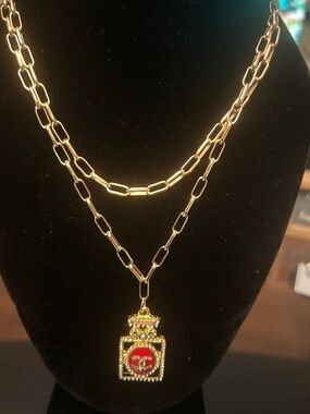Gold-Tone Double Chain Necklace with Red Enamel Perfume Bottle Pendant